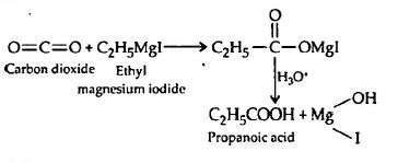 Ethyl magnesium iodide adds on carbon dioxide which on hydrolysis gives
