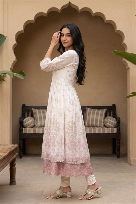 Buy White Floral Foil Printed Pure Cotton Anarkali Kurta With Leggings ...
