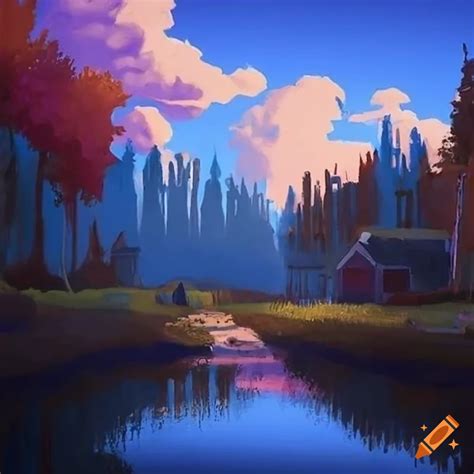 Divided landscape painting with houses, streets, and river on Craiyon