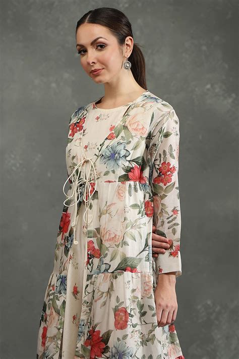 Rohit Bal Ivory Silk Chanderi Floral Front-Open Dress at Biba India