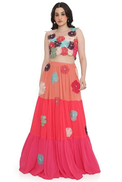 Off-White Embroidered Choli With Multi Colour Layered Lehenga. | The Mahal