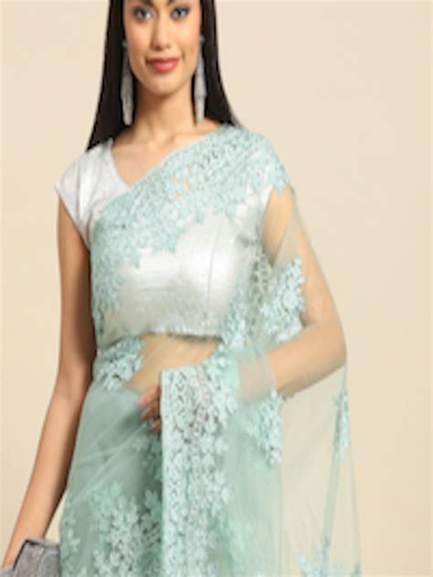 Buy All About You Turquoise Blue Floral Embroidered Net Saree - Sarees ...
