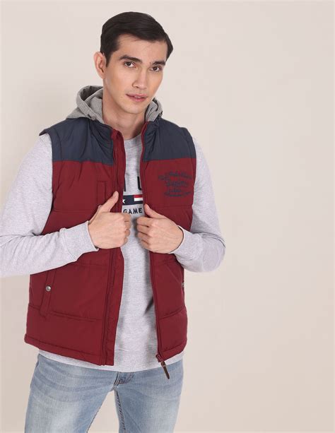 Men Maroon And Navy Detachable Hood Colour Block Padded Jacket – U.S ...