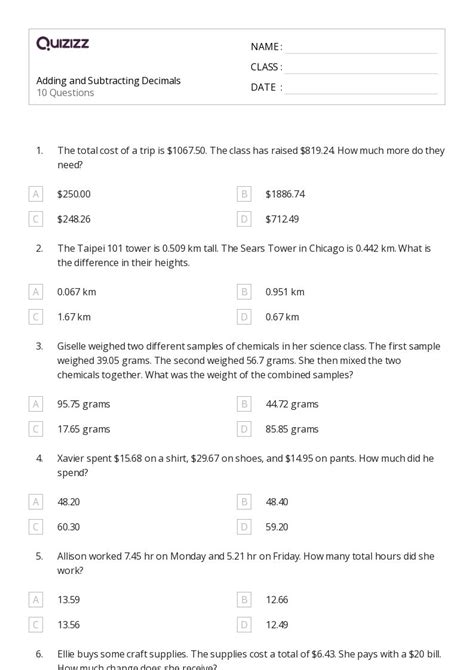 50+ Subtracting Decimals worksheets for 8th Class on Quizizz | Free ...