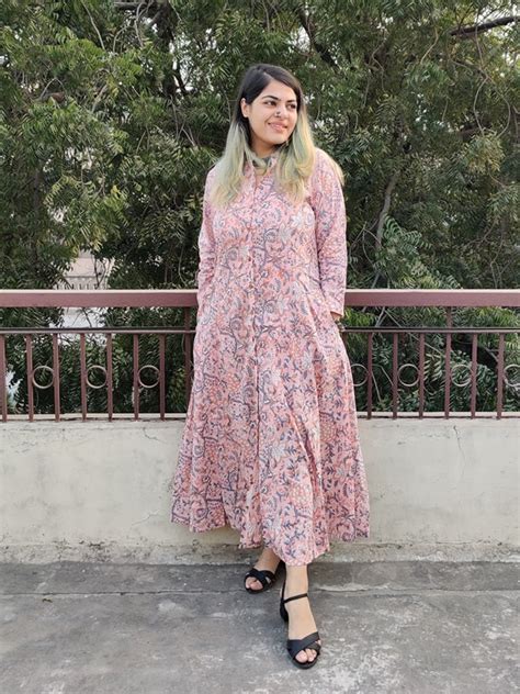 Peach Hand Block Printed A Line Maxi Shirt Dress – Kasaa Hues