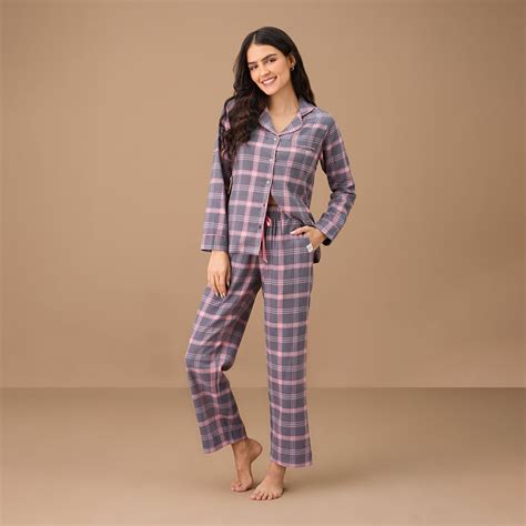 Brushed Pajama Set with Stylish Button Down Sleep Shirt-NYS902-Grey Pi ...