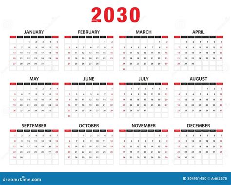 2030 Simple Vector Calendar. Weeks Start On Monday | CartoonDealer.com ...