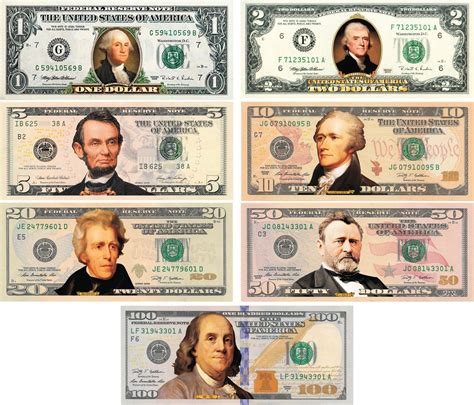 * Set of all 7 * COLORIZED 2-SIDED U.S. Bills Currency $1/$2/$5/$10/$20 ...