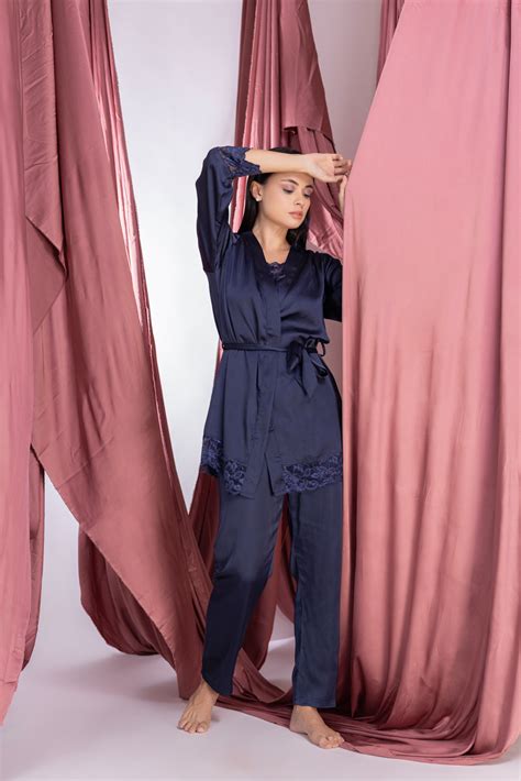Navy blue satin Night suit with robe - Private Lives