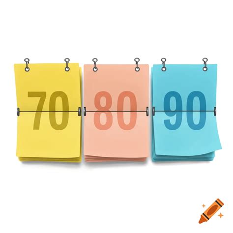 A three-page flipbook with numbers 70, 80, and 90. on Craiyon