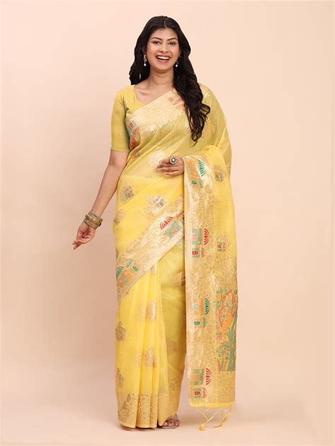 Buy Yellow Linen Cotton Saree With Blouse Piece 67066 Online | Karagiri