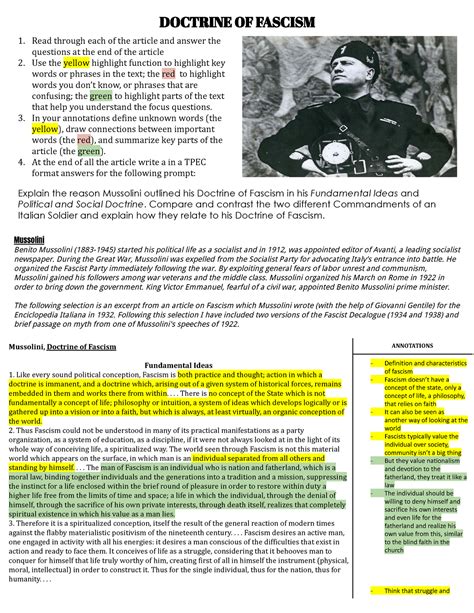 Mussolini Doctrine of Facism - DOCTRINE OF FASCISM 1. Read through each ...