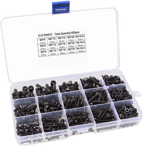 REES52 500pcs Hex Socket Head Cap Screws Bolts and Nuts Set with 15 ...