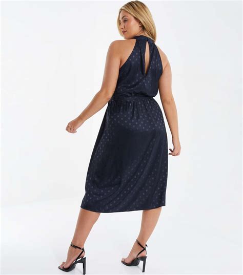 QUIZ Curves Navy Spot Satin Halter Belted Midi Dress | New Look