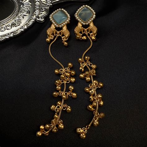 Premium Kashmiri Brass Ghungroo Long Earring Aquamarine – Baranashe