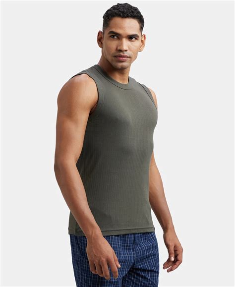Buy Super Combed Cotton Rib Solid Round Neck Muscle Vest - Deep Olive ...