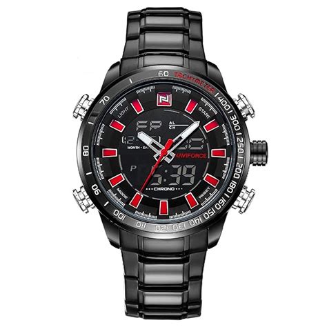 NAVIFORCE NF-9093 Black-Red Stainless Steel Analog-Digital Mens Watch ...