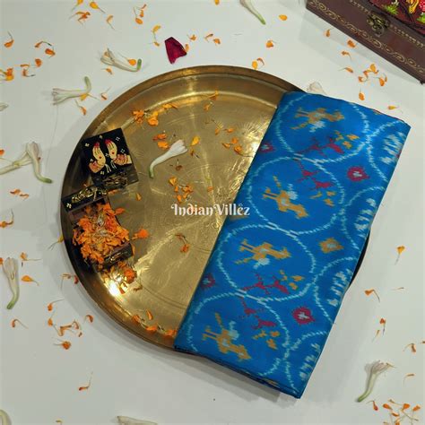 Sky Blue With Elephant Theam Pochampally Ikat Silk Saree – IndianVillèz