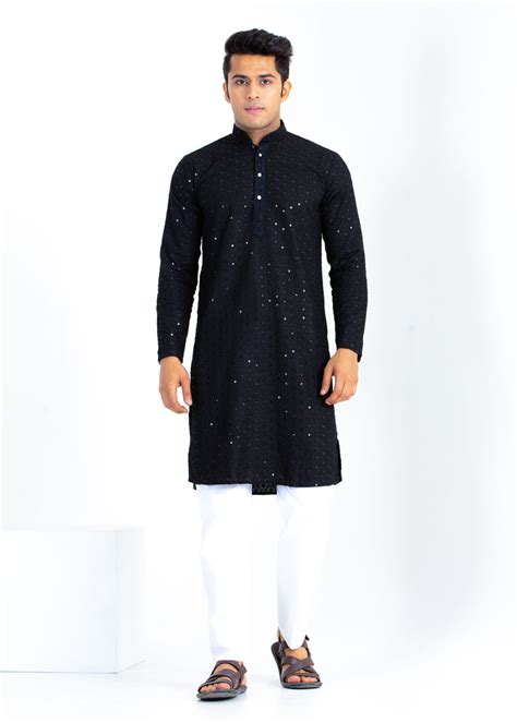 Jet Black Lucknowi Chikankari Cotton Kurta with Sequin Work - Firangi Yarn