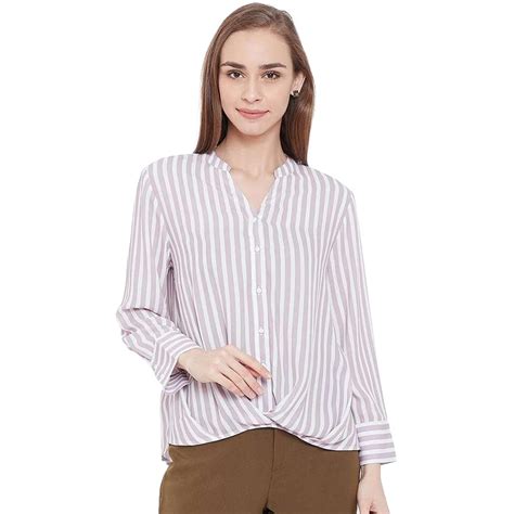 Buy Madame Stripes Collar Neck Polyester Womens Casual Shirt ...