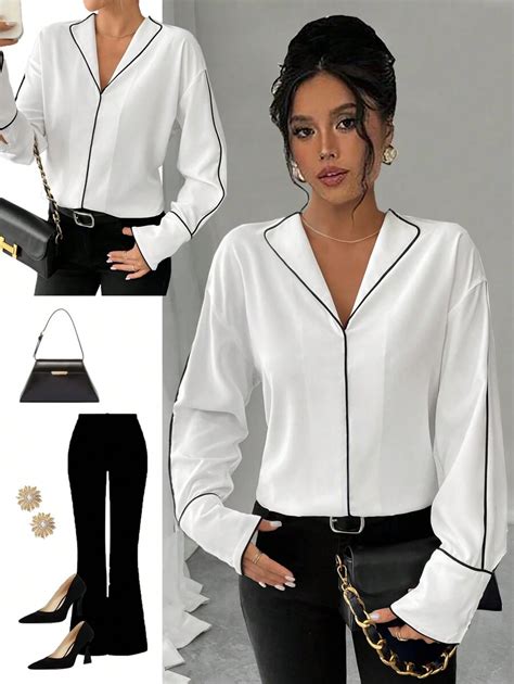 Calvaya French Style Black & White Patchwork Collar Casual Shirt For ...