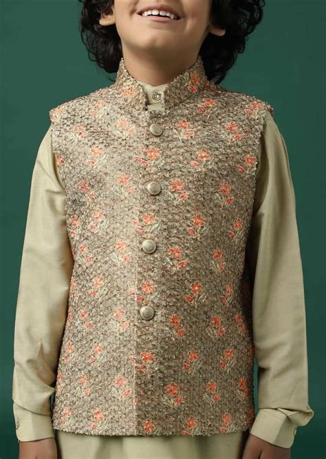 Kalki Beige Textured Bandi Jacket Set In Silk With Floral Print For Boys