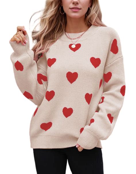 Women Sweaters Crewneck Cute Heart Valentine's Day Long Sleeve Knitted ...