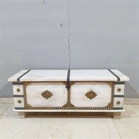 Hand‑Carved Wooden Blanket Box — Whitewashed with Brass Fittings, 115 ...