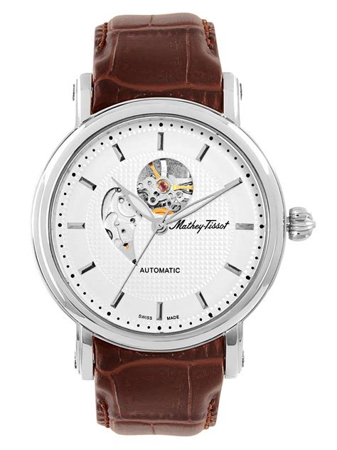 Mathey-Tissot Leather Swiss Made Automatic Skeleton Analog Silver Dial ...