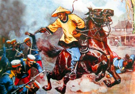 Chinese Manchu cavalryman battling against Japanese troops, Boxer ...