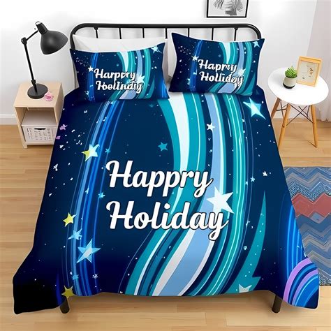 3-Piece Navy Blue Duvet Cover Set with Teal Shooting Stars & "Happy ...