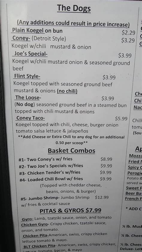 Menu at Joe's Coney Island restaurant, Houghton Lake