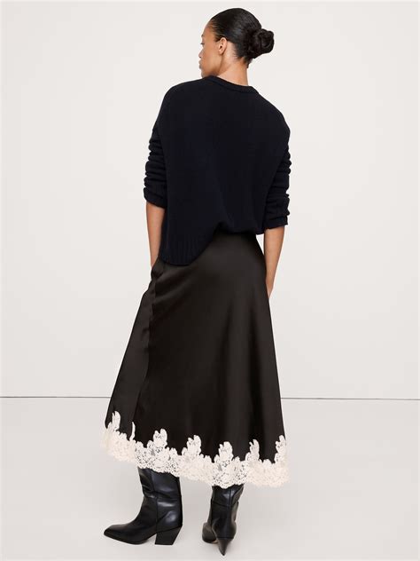Stretch-Satin Lace-Hem Midi Skirt | Banana Republic