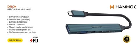 Hammok Drox 5-in-1 USB-C Hub with 100W Power Delivery