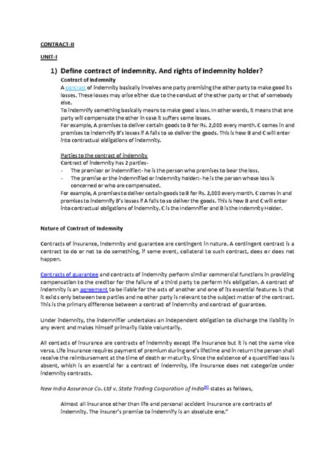 Law of Contract-2 - CONTRACT-II UNIT-I 1) Define contract of indemnity ...