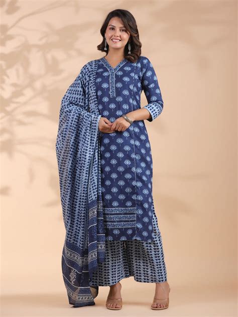 Blue Floral Print With Mirror Work Straight Cotton Stitched Kurta Set ...