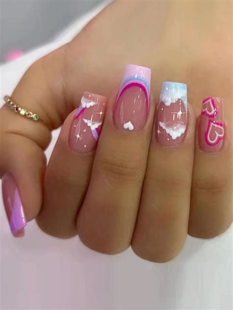 Transform Your Nails With 24pcs Short Square Rainbow French Cloud Heart ...
