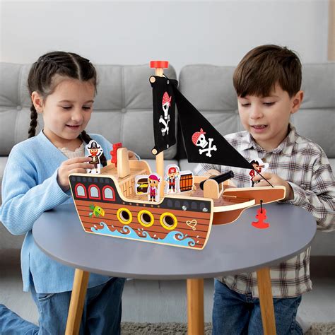 Wooden Pirate Ship Toy Set for Kids - Pirate Play Set with Wood Ship ...