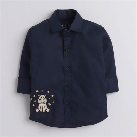 Polka Tots Full Sleeve Shirt Hippopotamus Thread Embroidery - Blue ...
