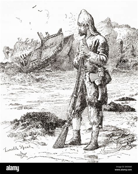 Robinson Crusoe on the desert island after being shipwrecked Stock ...