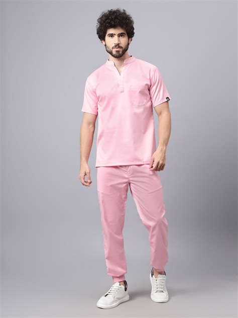 Stretchable (2Way) Male Powder Pink Mandarin Neck With Jogger Scrub Se ...