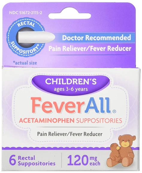 FeverAll Children's Acetaminophen Suppositories 120 mg, 6 Count for Fever and Pain Relief ...