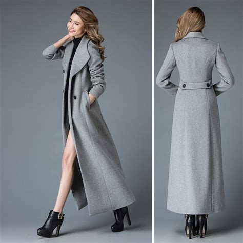 Long Wool Coat Women, Gray Wool Trench Coat, Double Breasted Wool Maxi ...