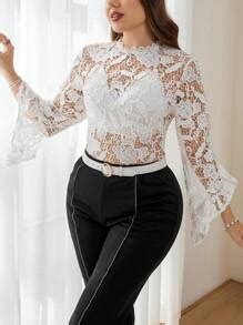 SHEIN Privé Plus Elegant Flounce Sleeve Guipure Lace Blouse Without Bra ...