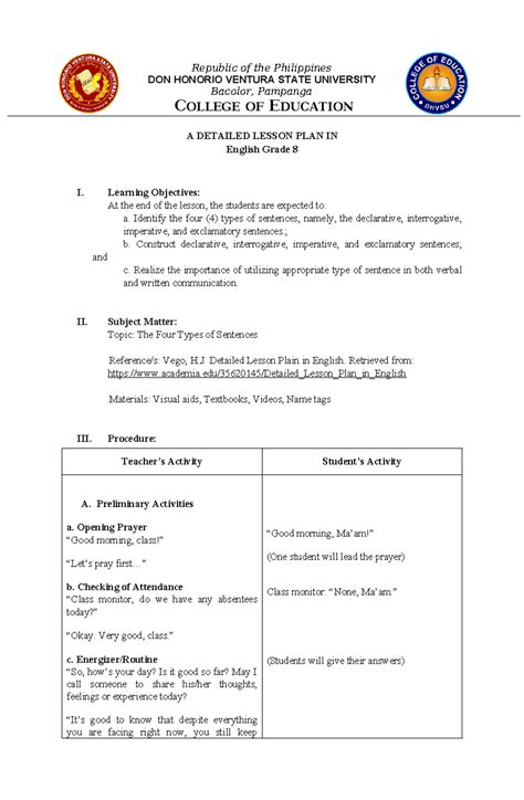 DLP - Detailed Lesson Plan - Four Types of Sentences - Republic of the ...