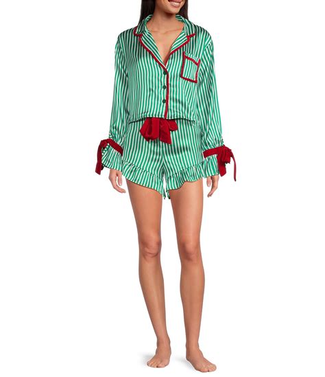 8 Oak Lane Long Sleeve Satin Striped Shorty Bow Holiday Pajama Set ...