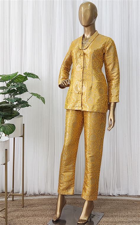 Yellow Brocade Pant-Suit Co-ord Set