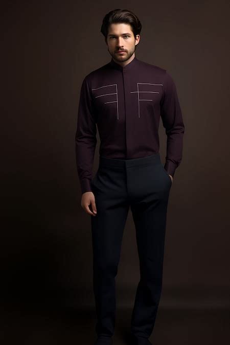 Buy Maroon Cotton Embroidery Mandarin Collar Shirt For Men by HeSpoke ...