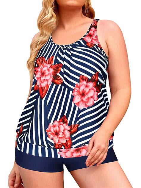 Plus Size Blouson Tankini Swimsuits for Women Modest Two Piece Bathing ...