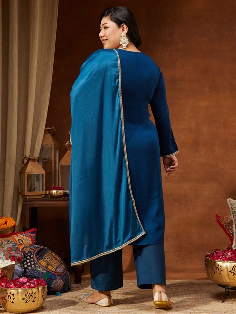 Janasya Women's Plus Size Teal Blue Silk Blend Zari Embroidered Straig